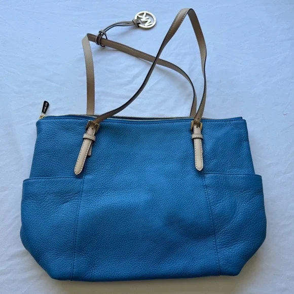 Michael Kors Handbag Jet Set East West Top Zip Leather Tote Purse Blue - Picture 3 of 7